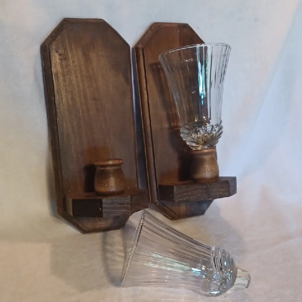 Home Interiors Wooden Sconce and Clear Candle Holders Set Of 2